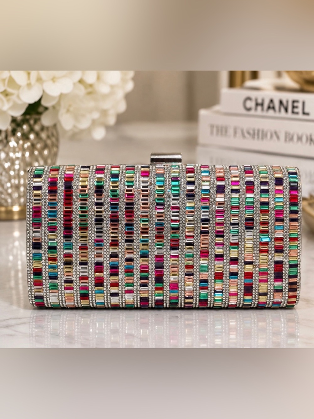 Multicolor Rhinestone Crystal Hard Case Evening Clutch Silver Formal Purse
